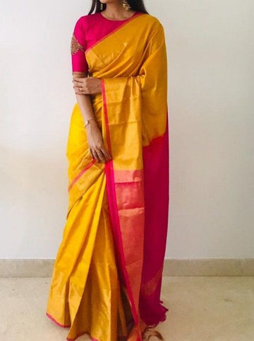 UPPADA SILK SAREE Yellow With Pink Color